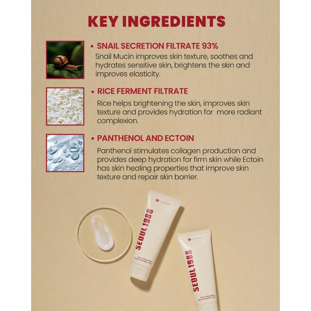 K-Secret SEOUL 1988 Cream Snail Mucin 93% + Rice - Ingredients